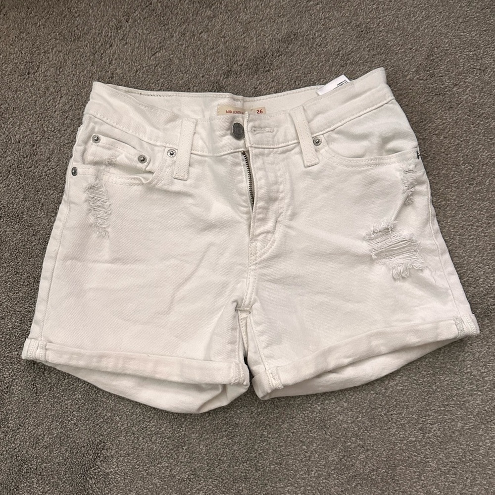 Levi's Cream Distressed Jean Shorts